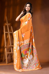 Pastel orange silk kantha stitch saree hand embroidered swan motif 3