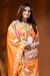 Pastel orange silk kantha stitch saree hand embroidered swan motif 4