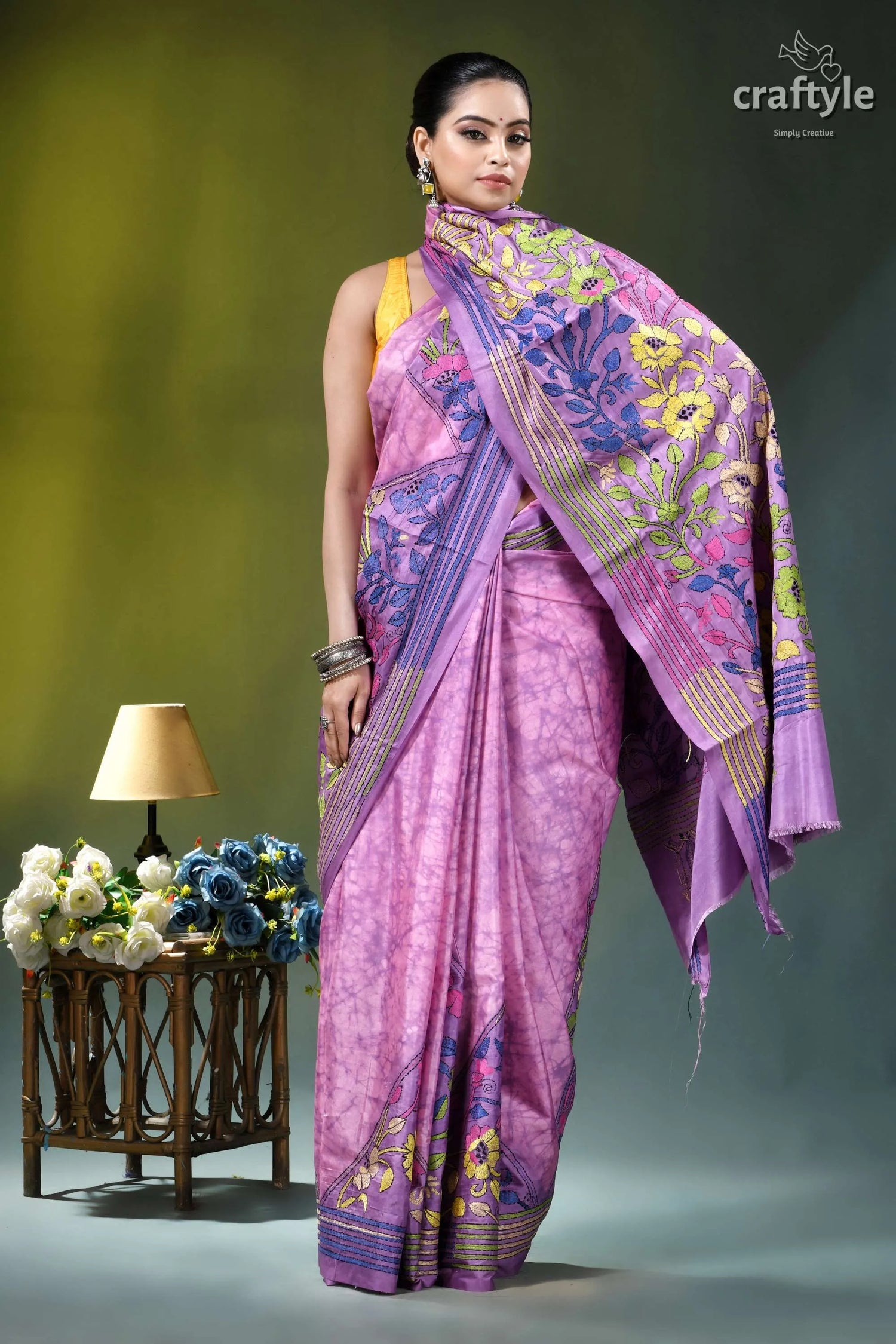 Pastel violet floral design hand batik silk kantha stitch saree woman wears vibrant pink purple 4