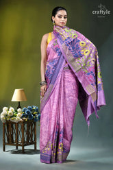 Pastel violet floral design hand batik silk kantha stitch saree woman wears vibrant pink purple 4