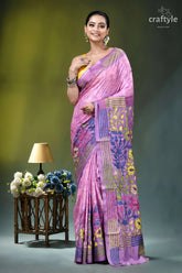 Pastel violet floral design hand batik silk kantha stitch saree vibrant pink purple floral-patterned saree 7