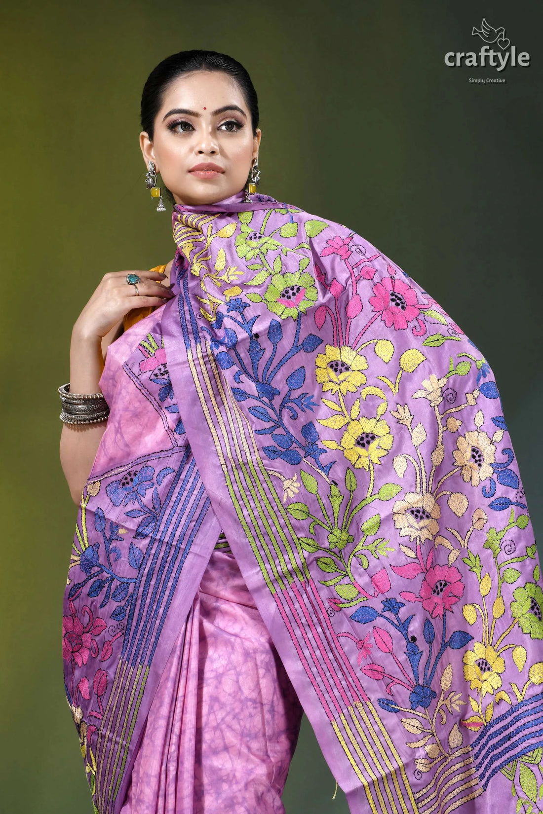 Pastel violet floral design hand batik silk kantha stitch saree vibrant lavender silk saree adorned 2