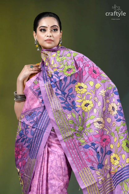 Pastel violet floral design hand batik silk kantha stitch saree vibrant lavender silk saree adorned 2