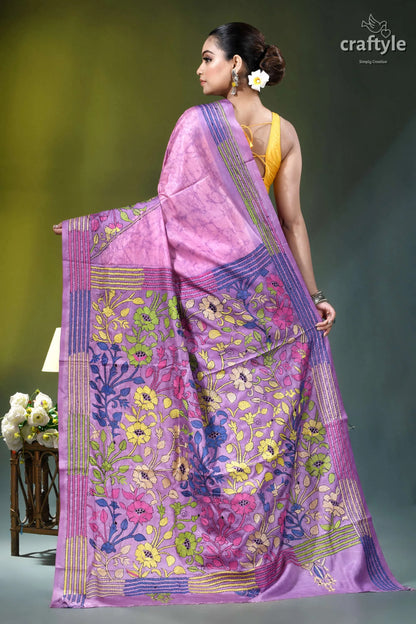 Pastel violet floral design hand batik silk kantha stitch saree vibrant purple pink floral saree 5