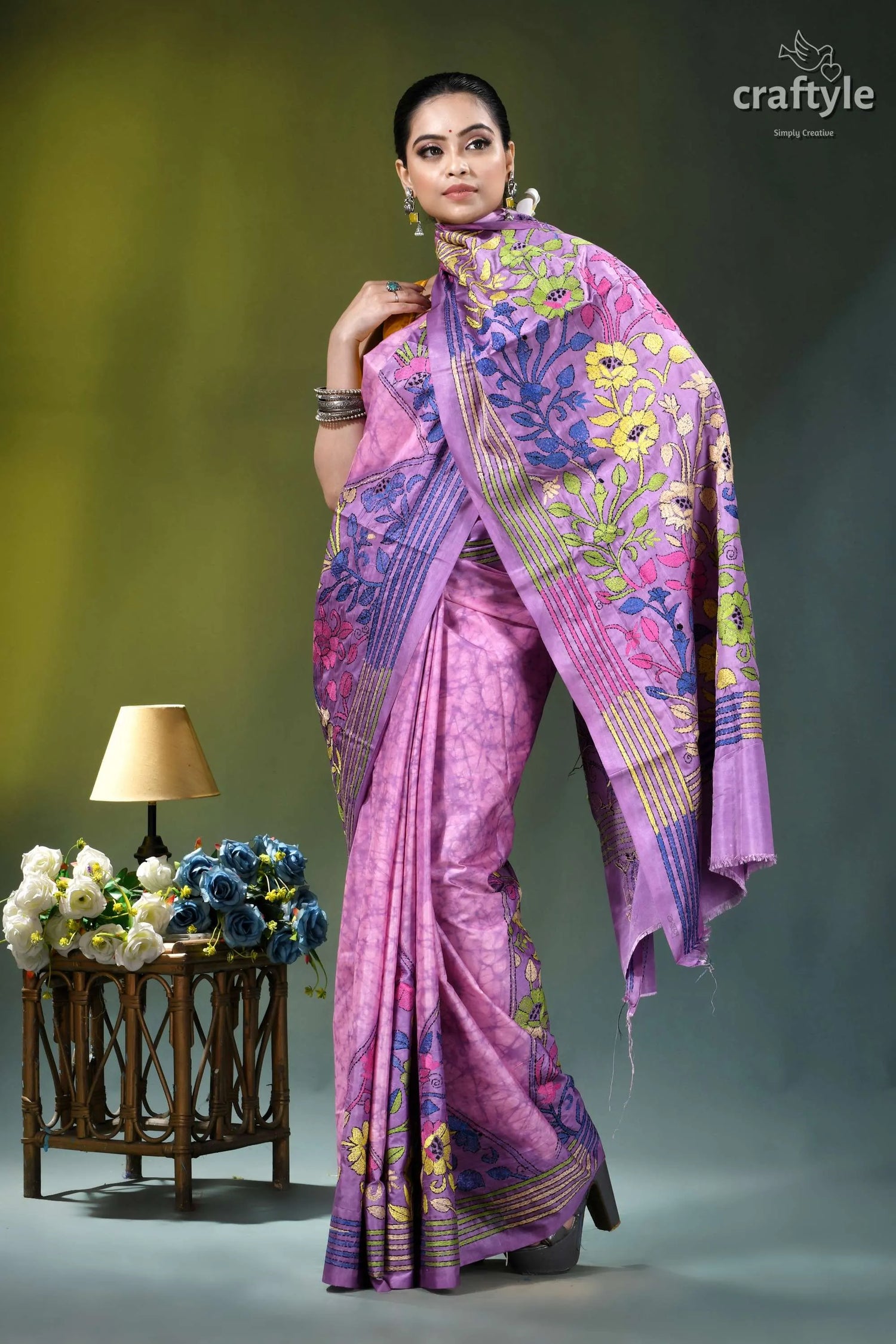 Pastel violet floral design hand batik silk kantha stitch saree woman wears vibrant pink purple 6