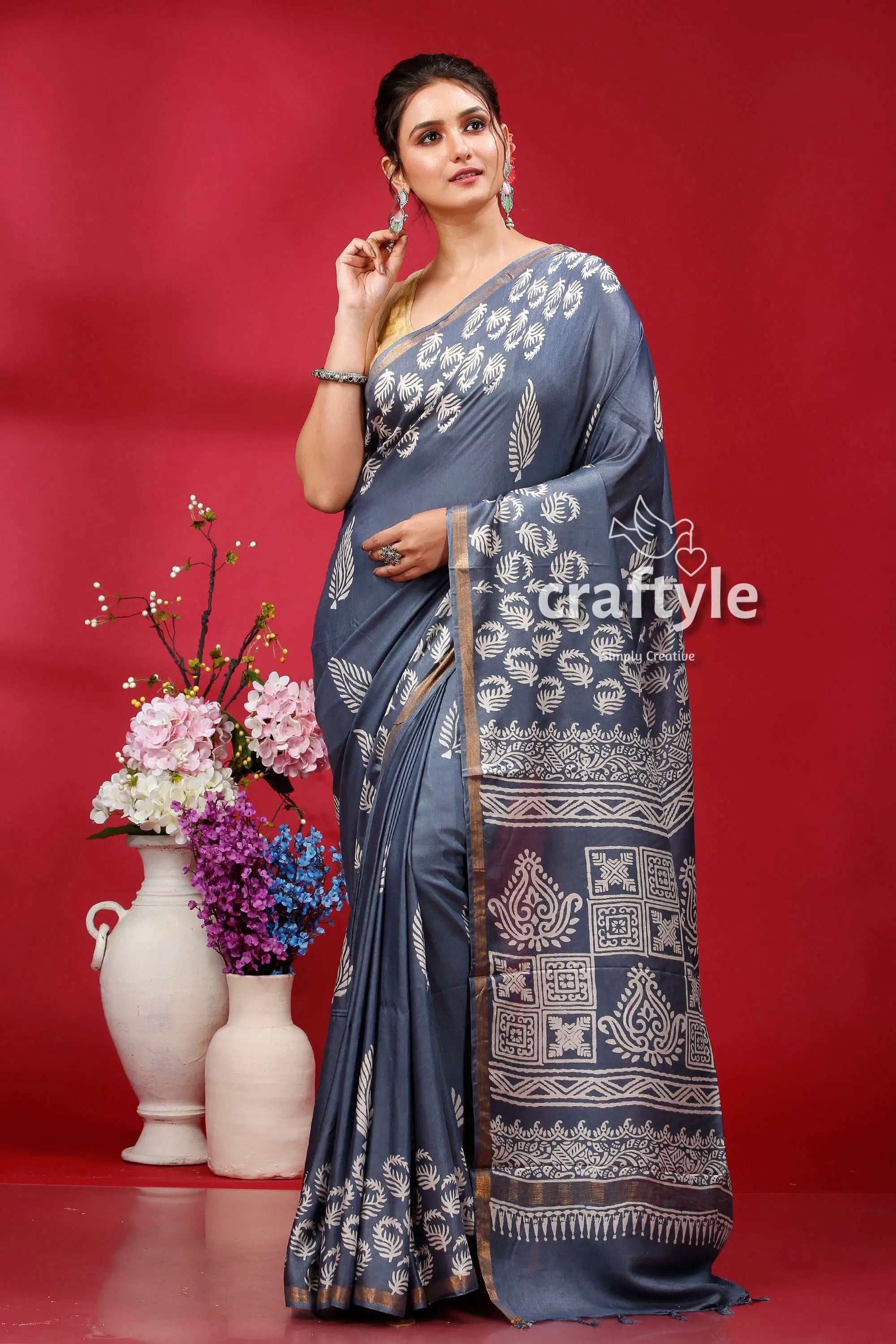 Paynes gray modal silk saree - modern and stylish gray saree white block prints 2