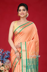 Peach and green zari border bomkai silk saree peach saree green gold border 2