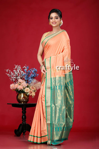 Peach and green zari border bomkai silk saree peach saree green gold border 3
