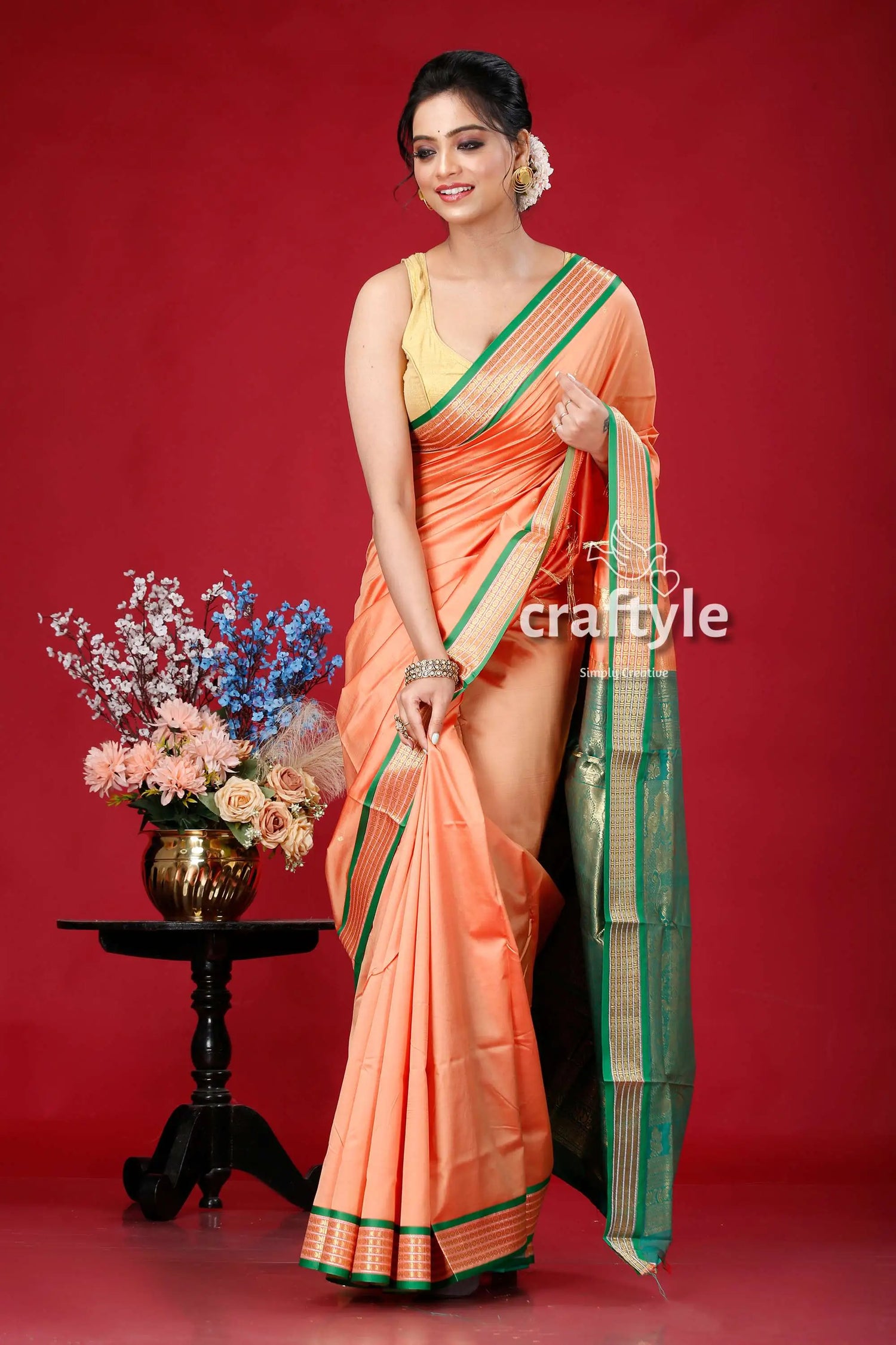 Peach and green zari border bomkai silk saree peach saree green border 4