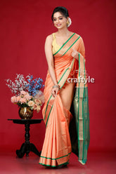 Peach and green zari border bomkai silk saree peach saree green border 4