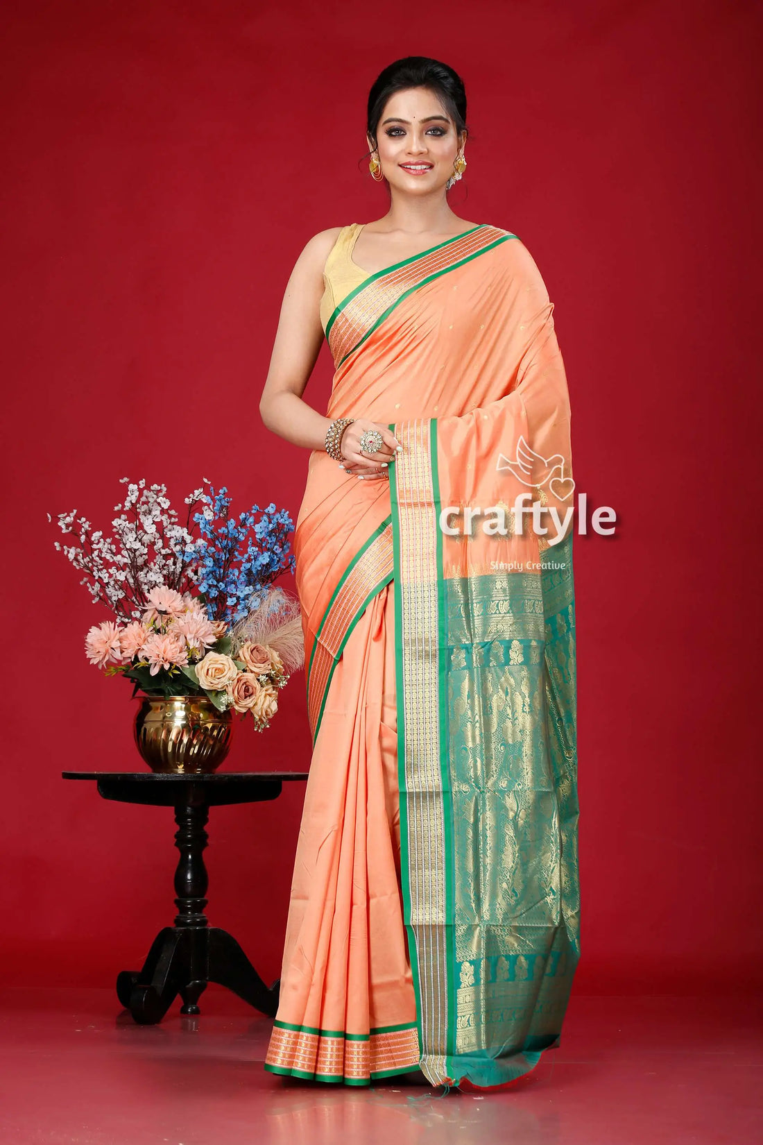 Peach and green zari border bomkai silk saree peach saree green border 1