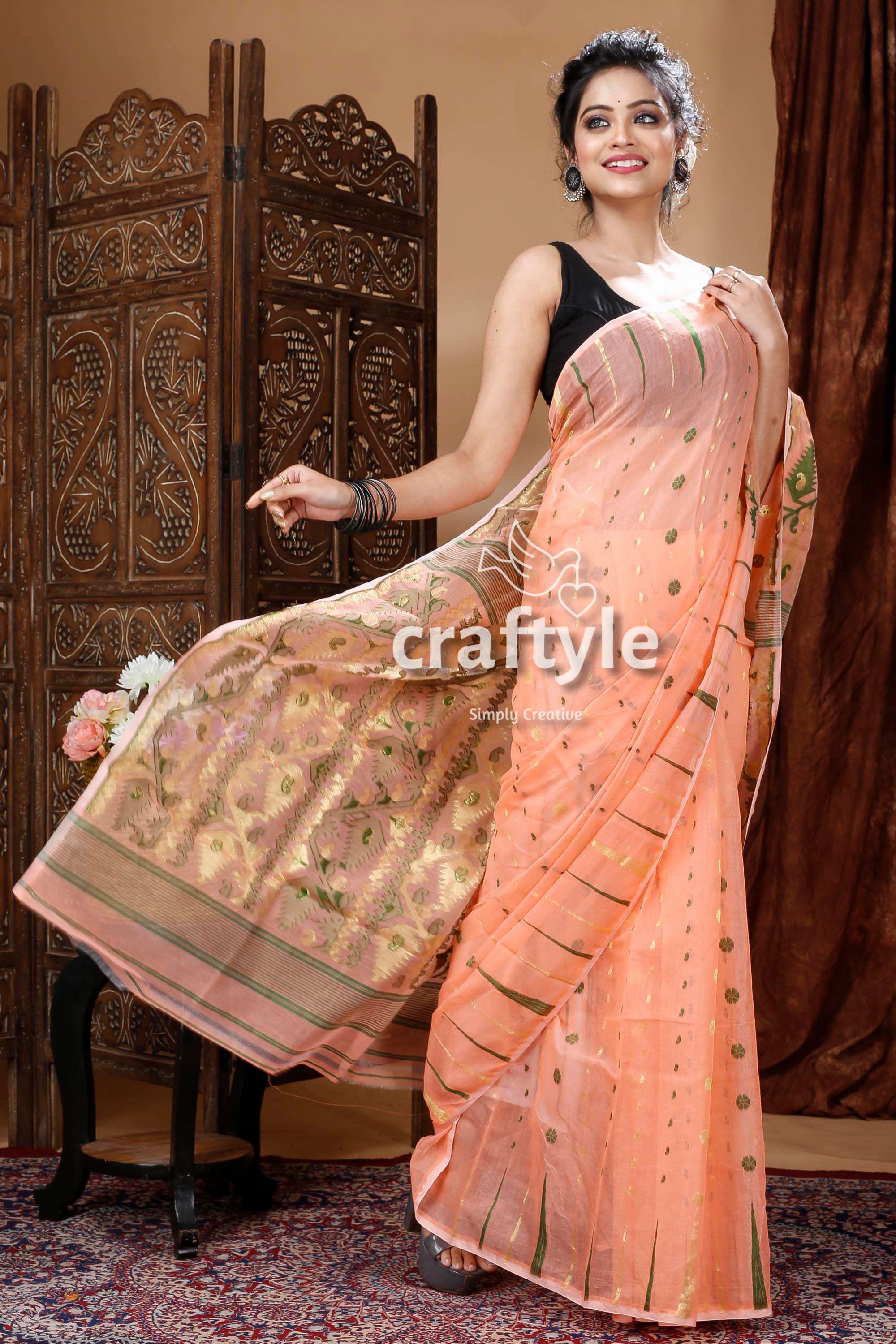 Peach Color Traditional Jamdani Sari - Craftyle