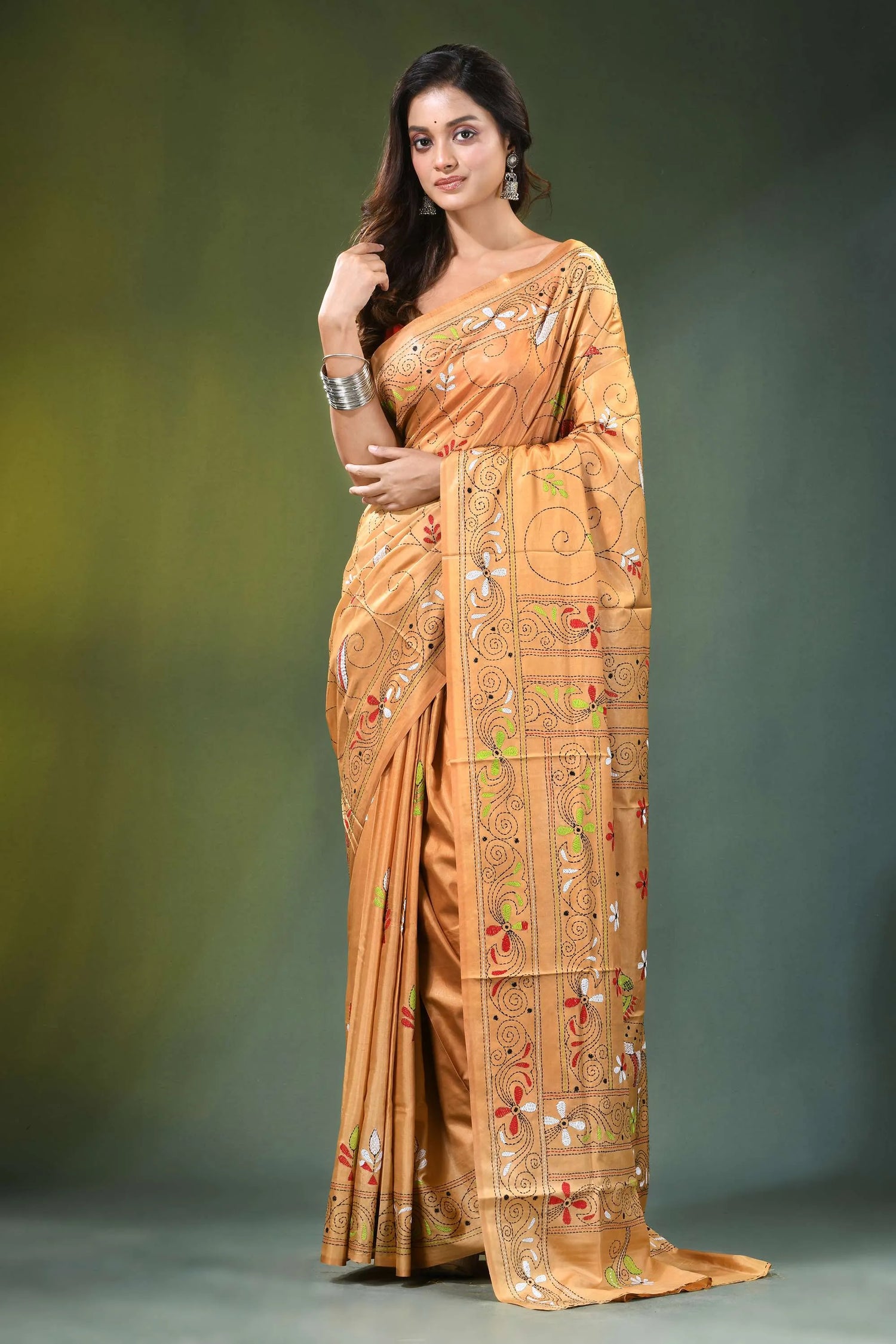 Peach hand embroidered folk art motif kantha embroidery silk saree golden-orange adorned intricate 6