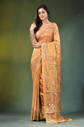 Peach hand embroidered folk art motif kantha embroidery silk saree golden-orange adorned intricate 6
