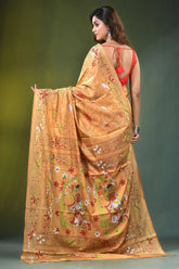 Peach hand embroidered folk art motif kantha embroidery silk saree vibrant orange intricate floral 5
