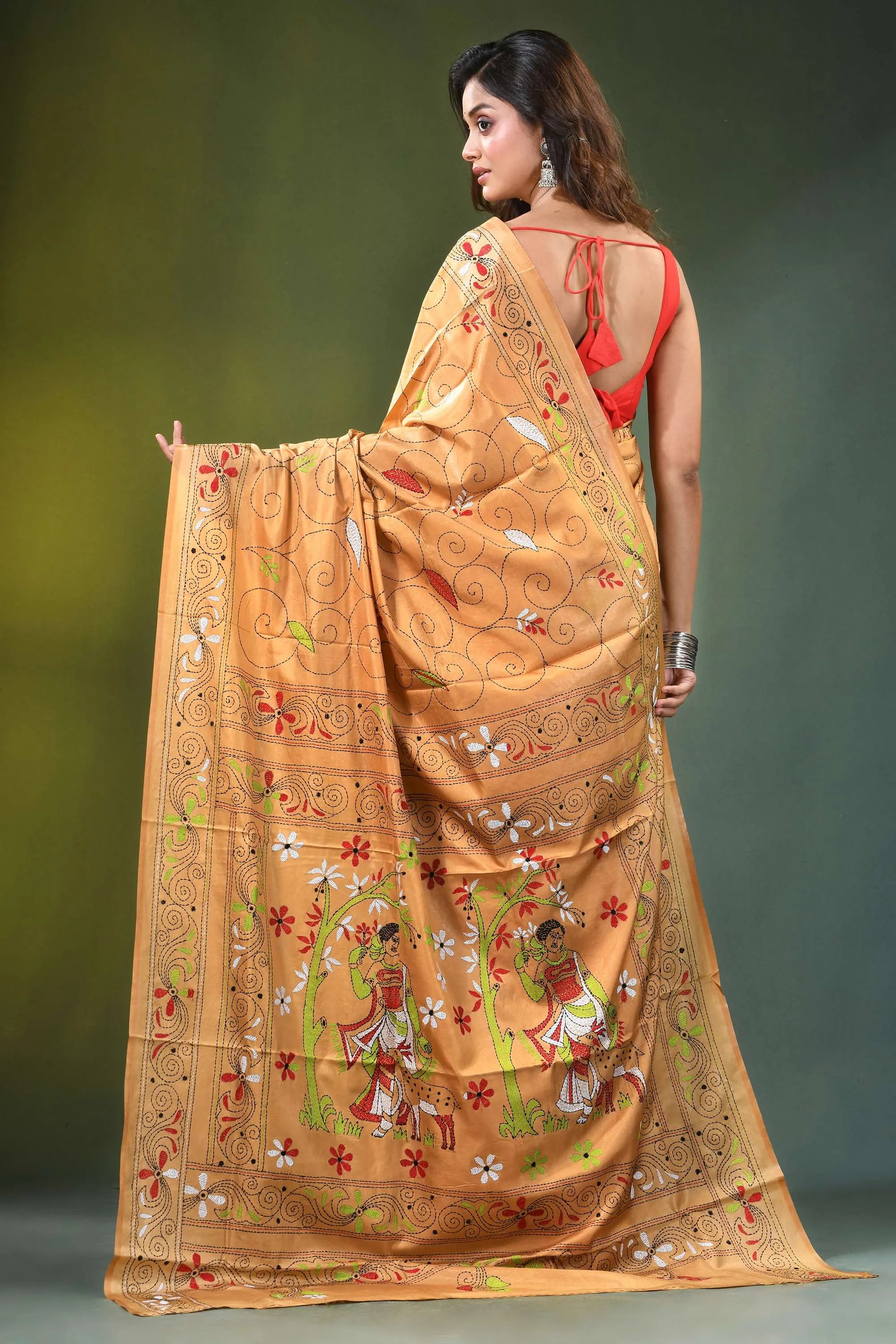 Peach hand embroidered folk art motif kantha embroidery silk saree vibrant orange intricate floral 5