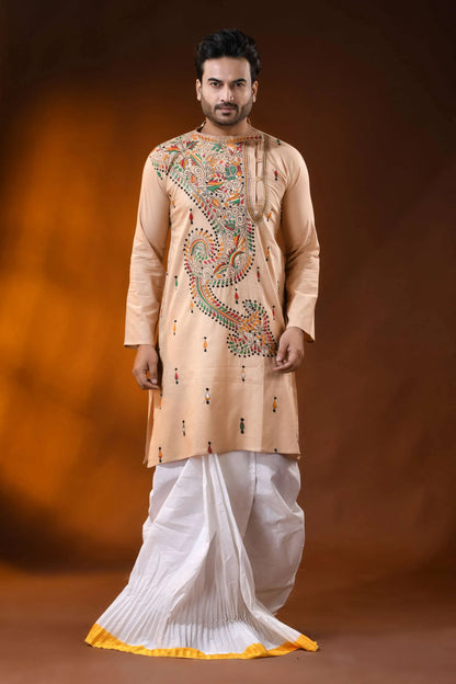 Peach multicolor paisley kantha embroidered pure cotton kurta for men 1