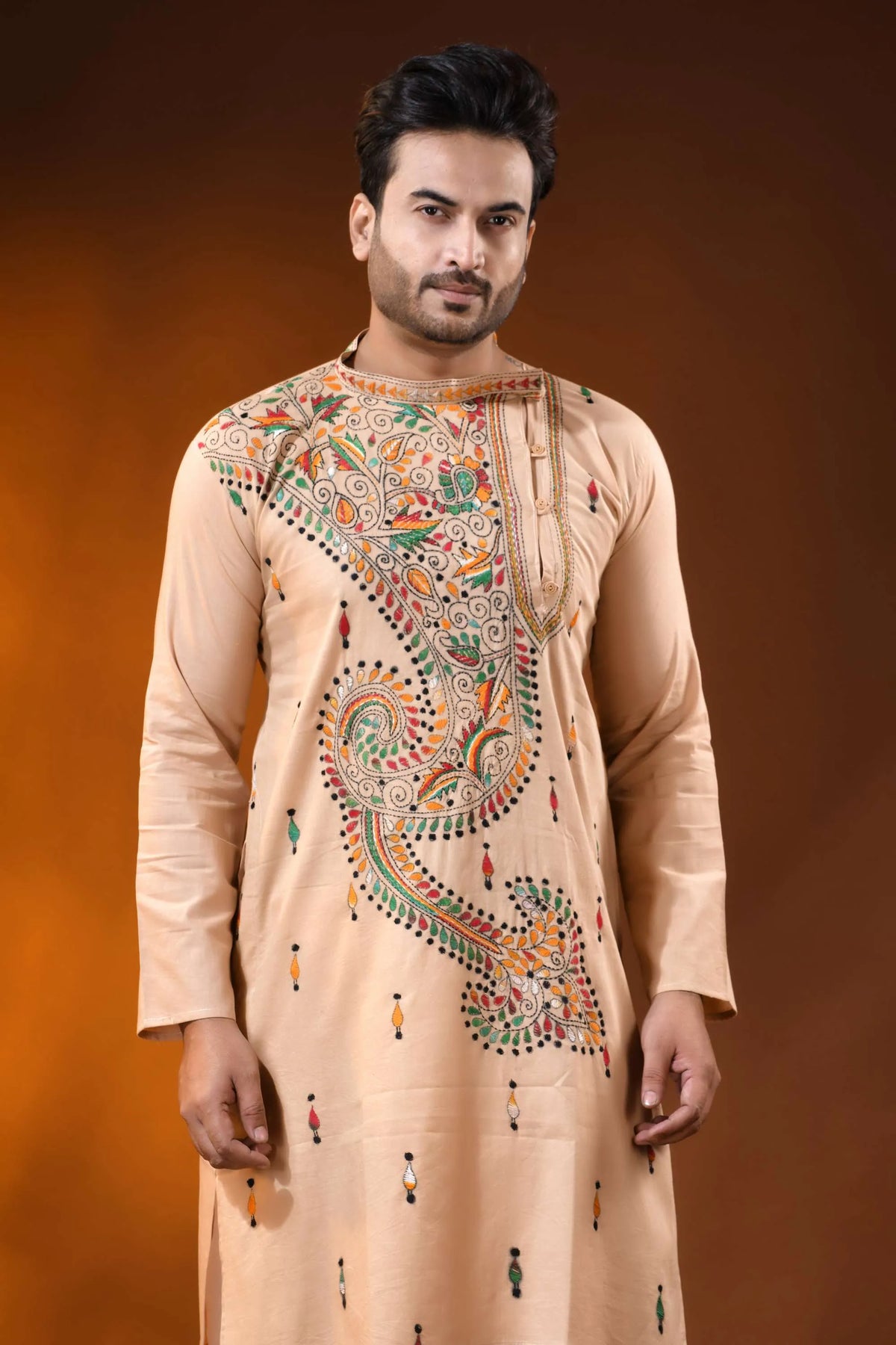 Peach multicolor paisley kantha embroidered pure cotton kurta for men 2