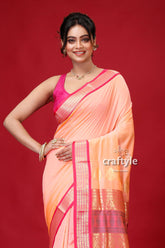 Peach Pink Zari Border Bomkai Silk Saree-Craftyle