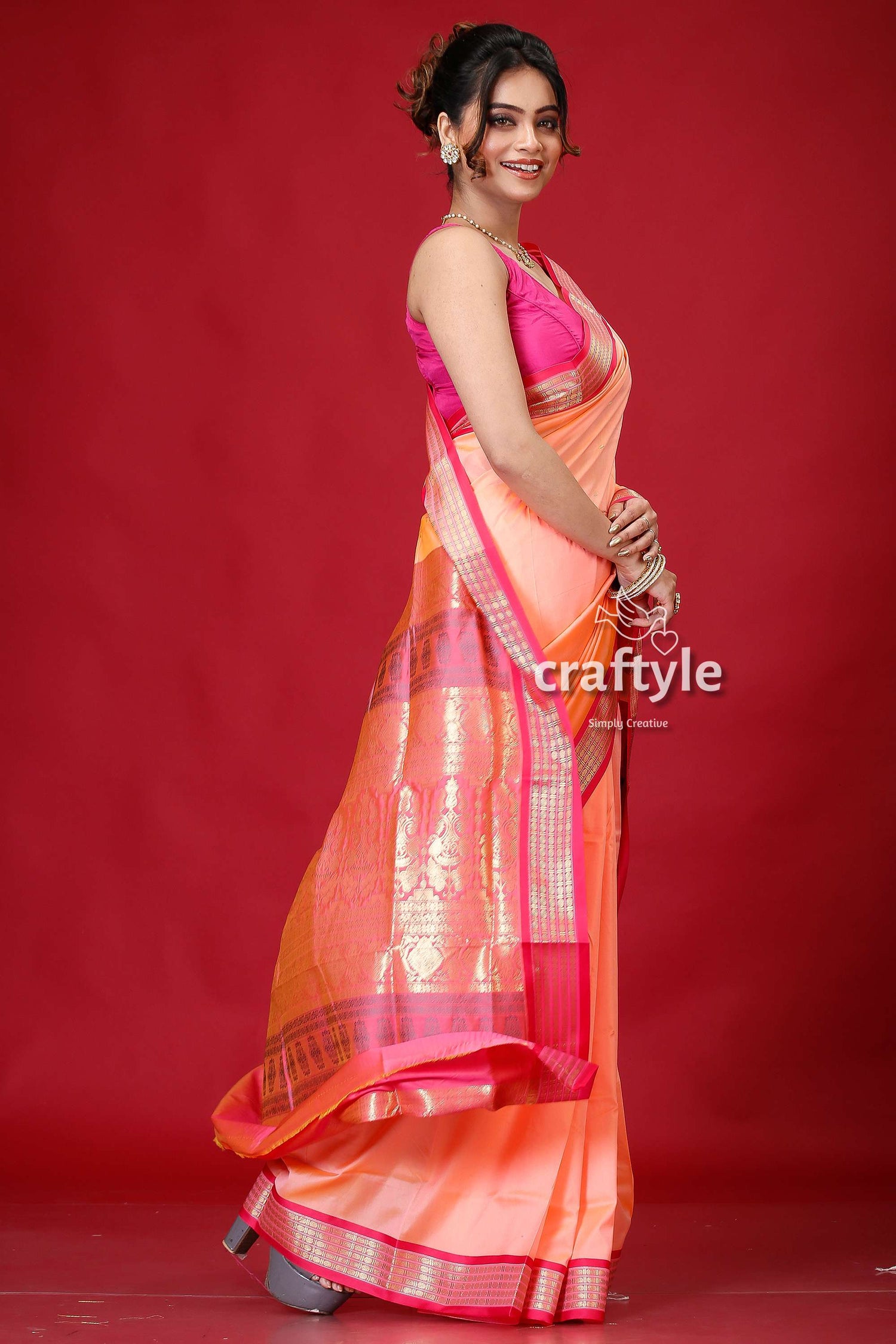 Peach Pink Zari Border Bomkai Silk Saree-Craftyle