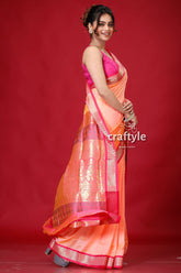 Peach Pink Zari Border Bomkai Silk Saree-Craftyle
