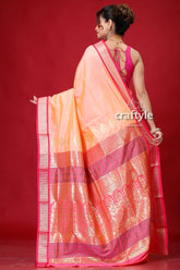 Peach Pink Zari Border Bomkai Silk Saree-Craftyle
