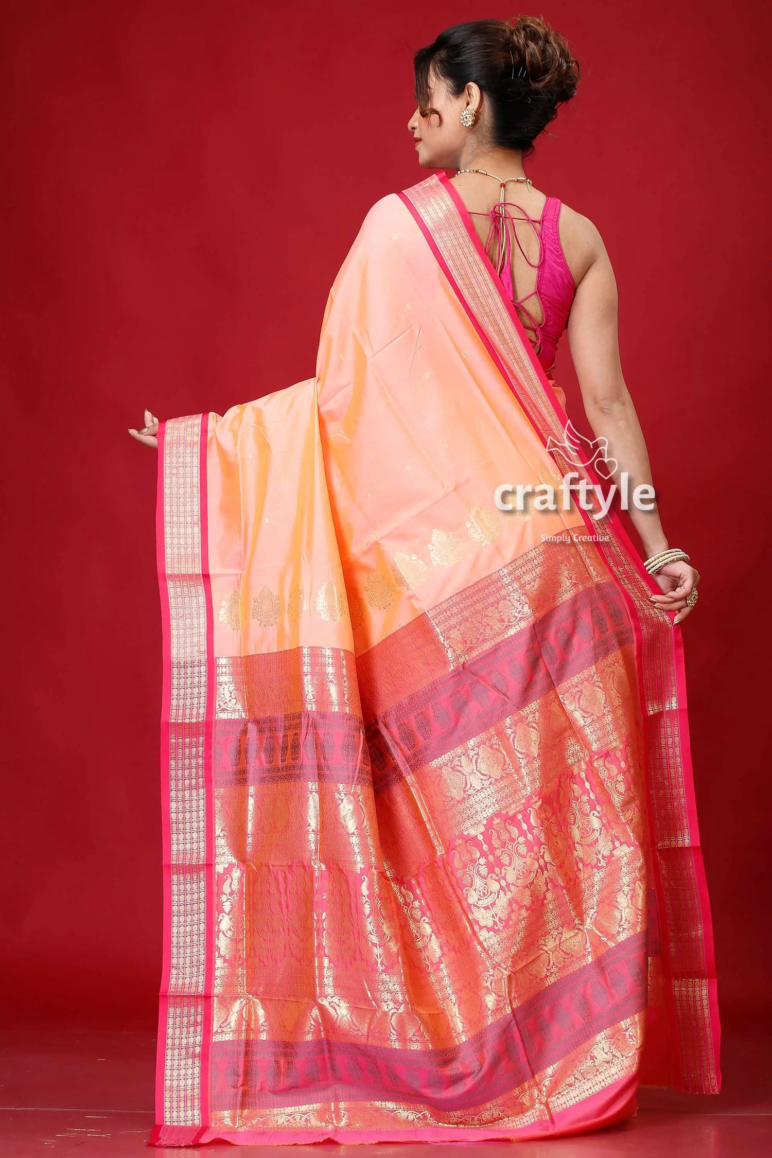 Peach pink zari border bomkai silk saree peach pink silk saree 5