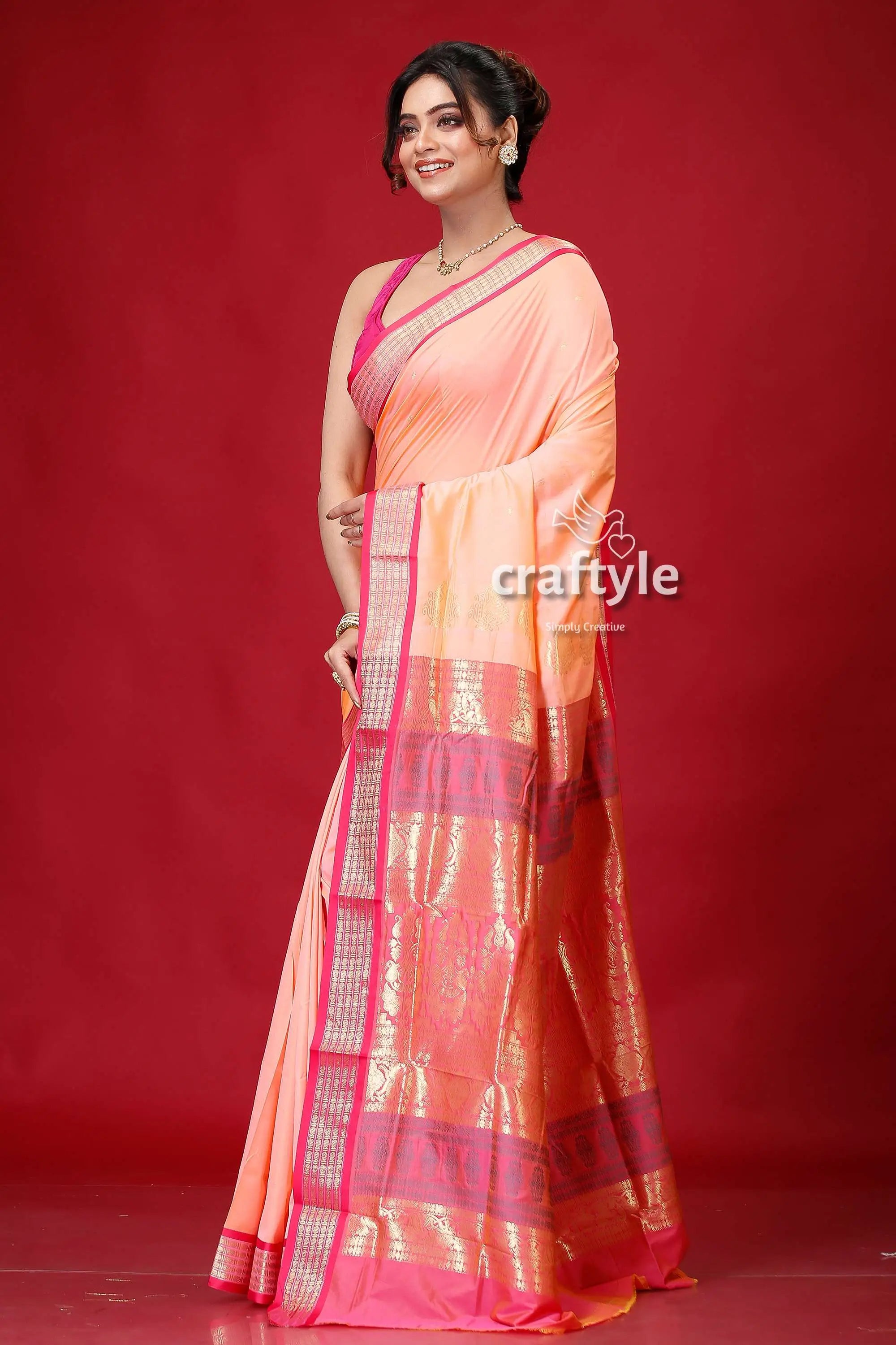 Peach pink zari border bomkai silk saree peach pink saree 1