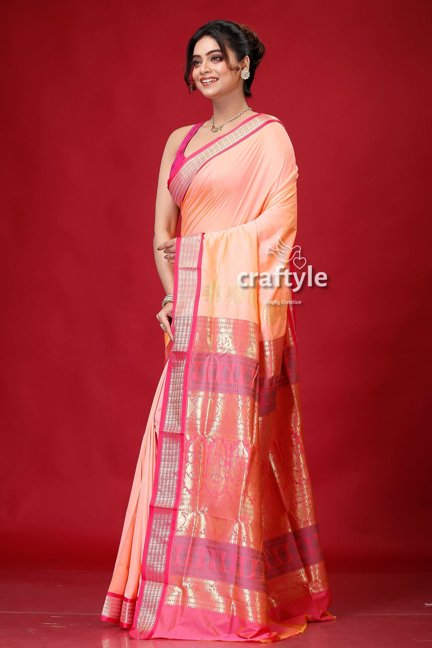 Peach Pink Zari Border Bomkai Silk Saree-Craftyle