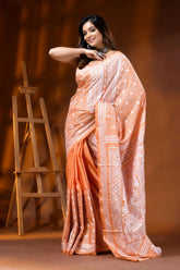 Peach silk kantha work saree hand embroidered paisley floral design 4