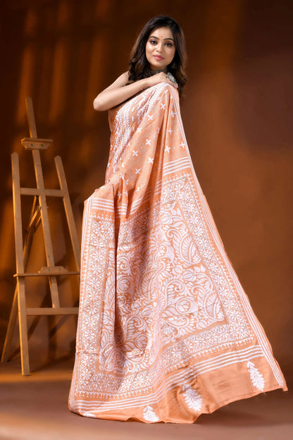 Peach silk kantha work saree hand embroidered paisley floral design 5