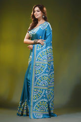 Peacock blue multi-thread handcrafted kutch embroidered silk saree 3