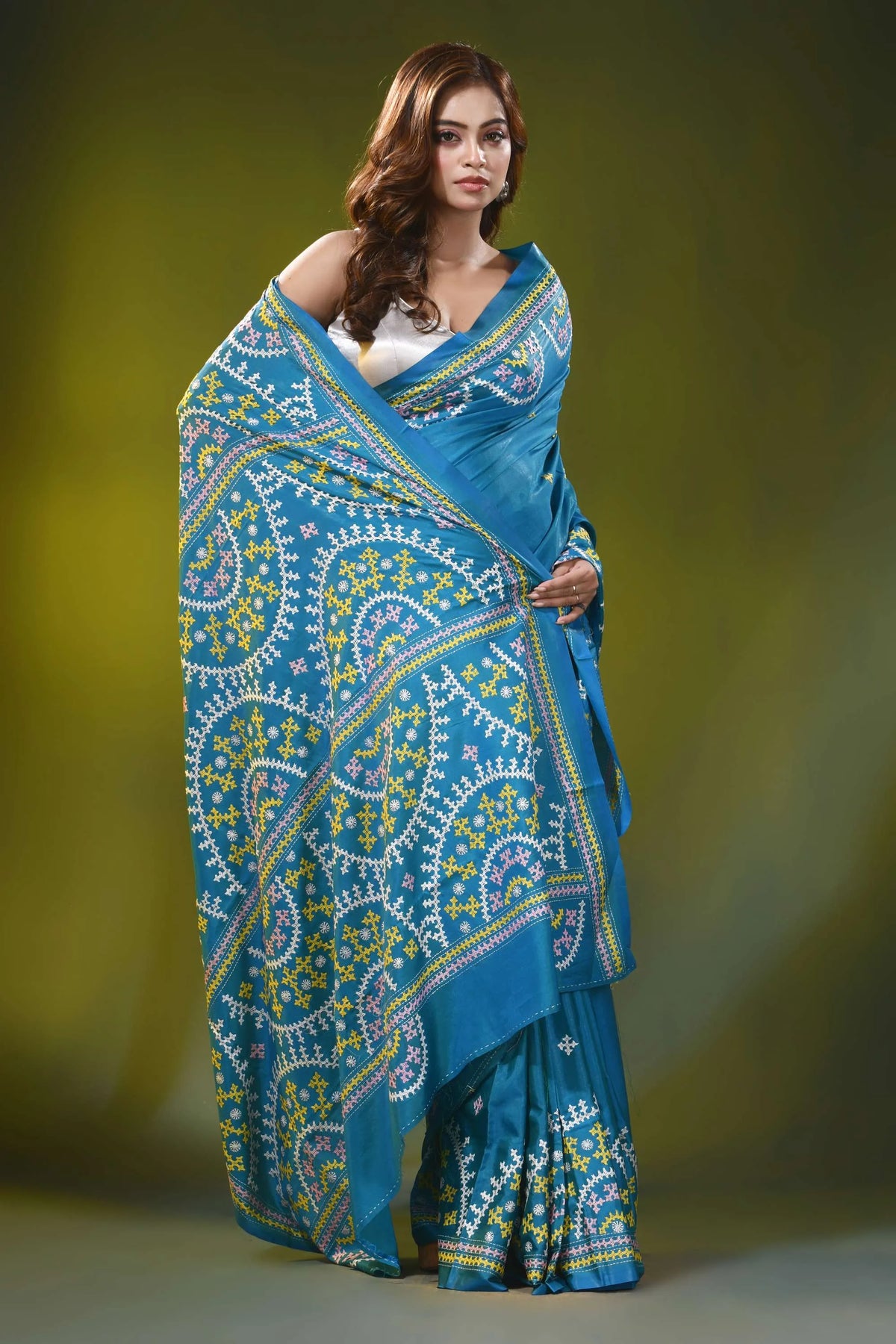 Peacock blue multi-thread handcrafted kutch embroidered silk saree 4