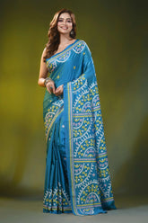 Peacock blue multi-thread handcrafted kutch embroidered silk saree 6