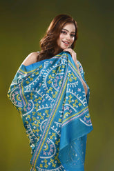 Peacock blue multi-thread handcrafted kutch embroidered silk saree 2