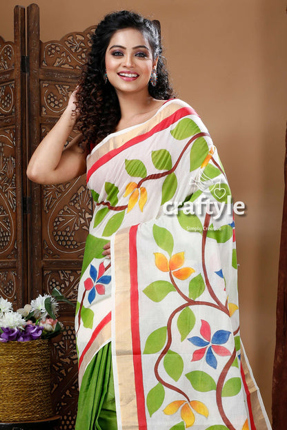 Peacock Design Hand Painted Kerala Cotton Saree-Craftyle