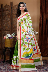 Peacock Design Hand Painted Kerala Cotton Saree-Craftyle