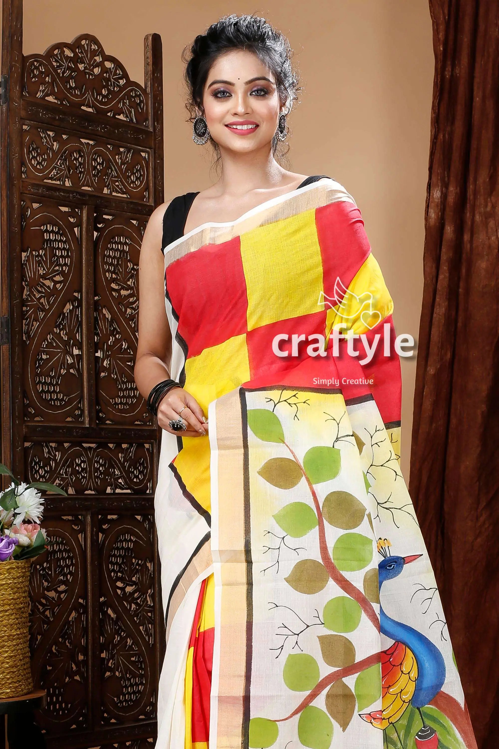 Peacock motif hand painted multicolor kerala cotton saree woman colorful saree 4