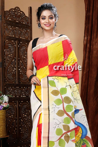 Peacock motif hand painted multicolor kerala cotton saree woman colorful saree 4