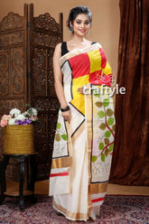 Peacock motif hand painted multicolor kerala cotton saree woman colorful saree 3