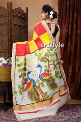 Peacock motif hand painted multicolor kerala cotton saree hand-painted peacock saree 2