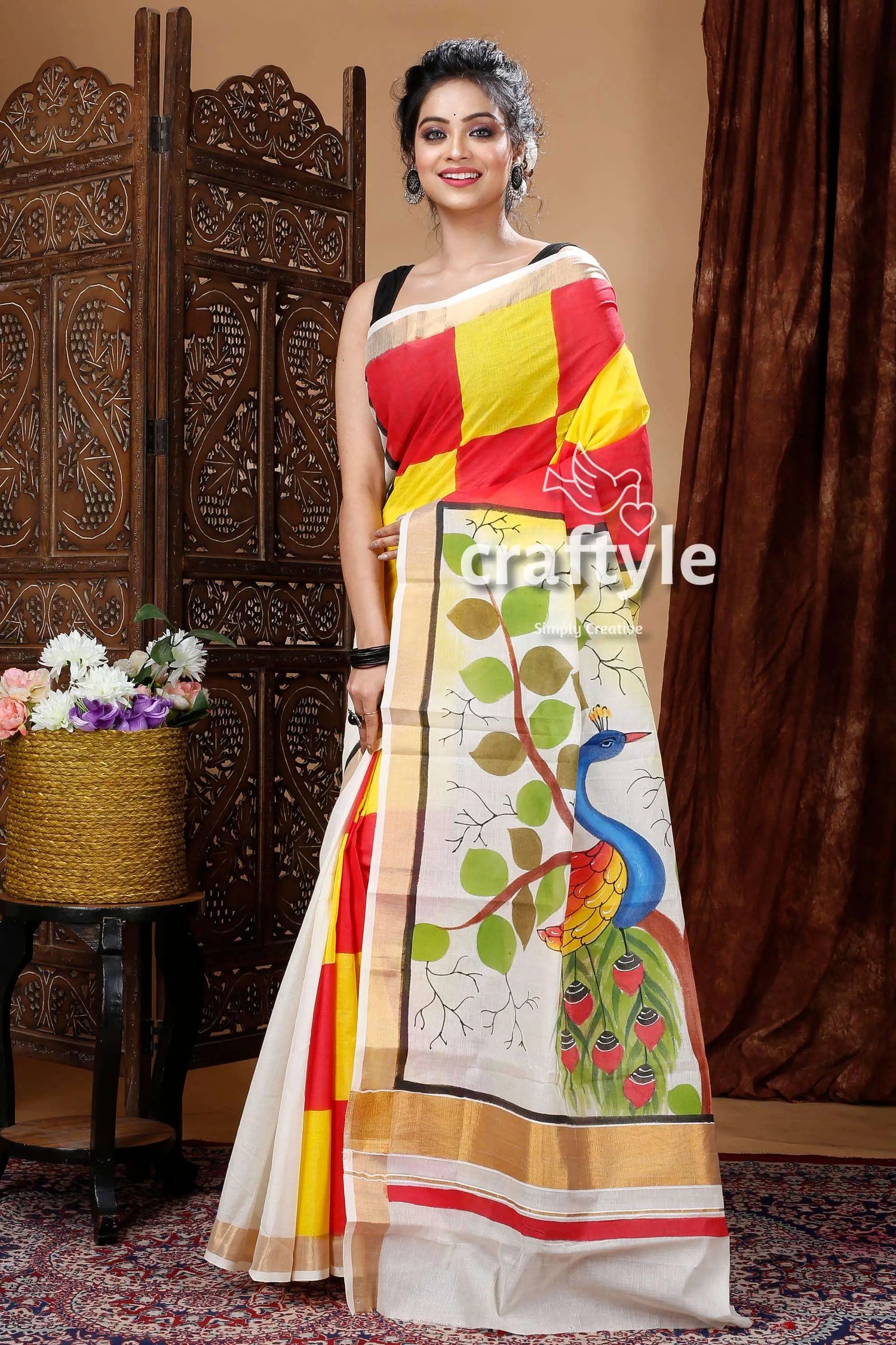 Peacock motif hand painted multicolor kerala cotton saree woman colorful saree peacock design 5