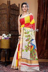 Peacock motif hand painted multicolor kerala cotton saree woman colorful saree peacock design 5