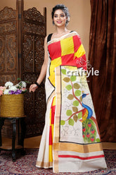 Peacock motif hand painted multicolor kerala cotton saree woman colorful saree 1