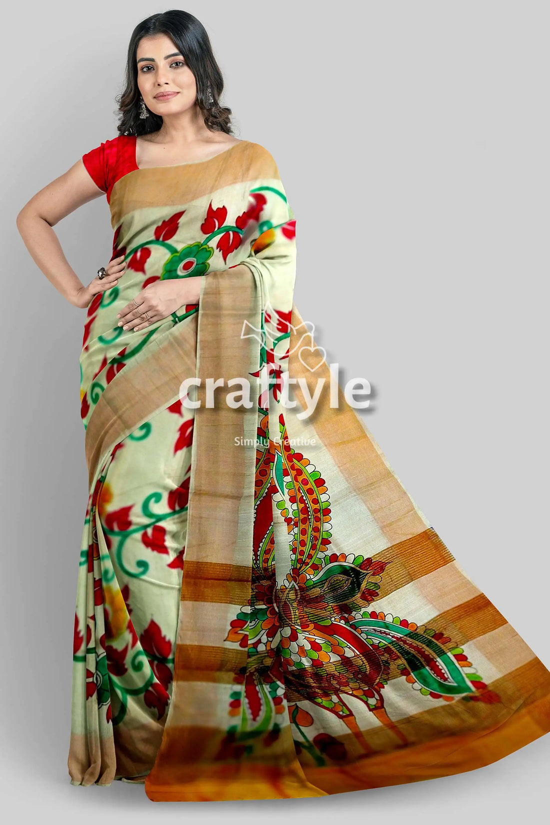 Peacock motif kalamkari saree - hand painted pure tussar silk with zari border woman floral peacock-patterned saree 1