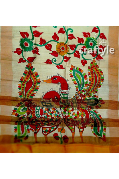 Peacock motif kalamkari saree - hand painted pure tussar silk with zari border hand-painted fabric bird floral designs 5