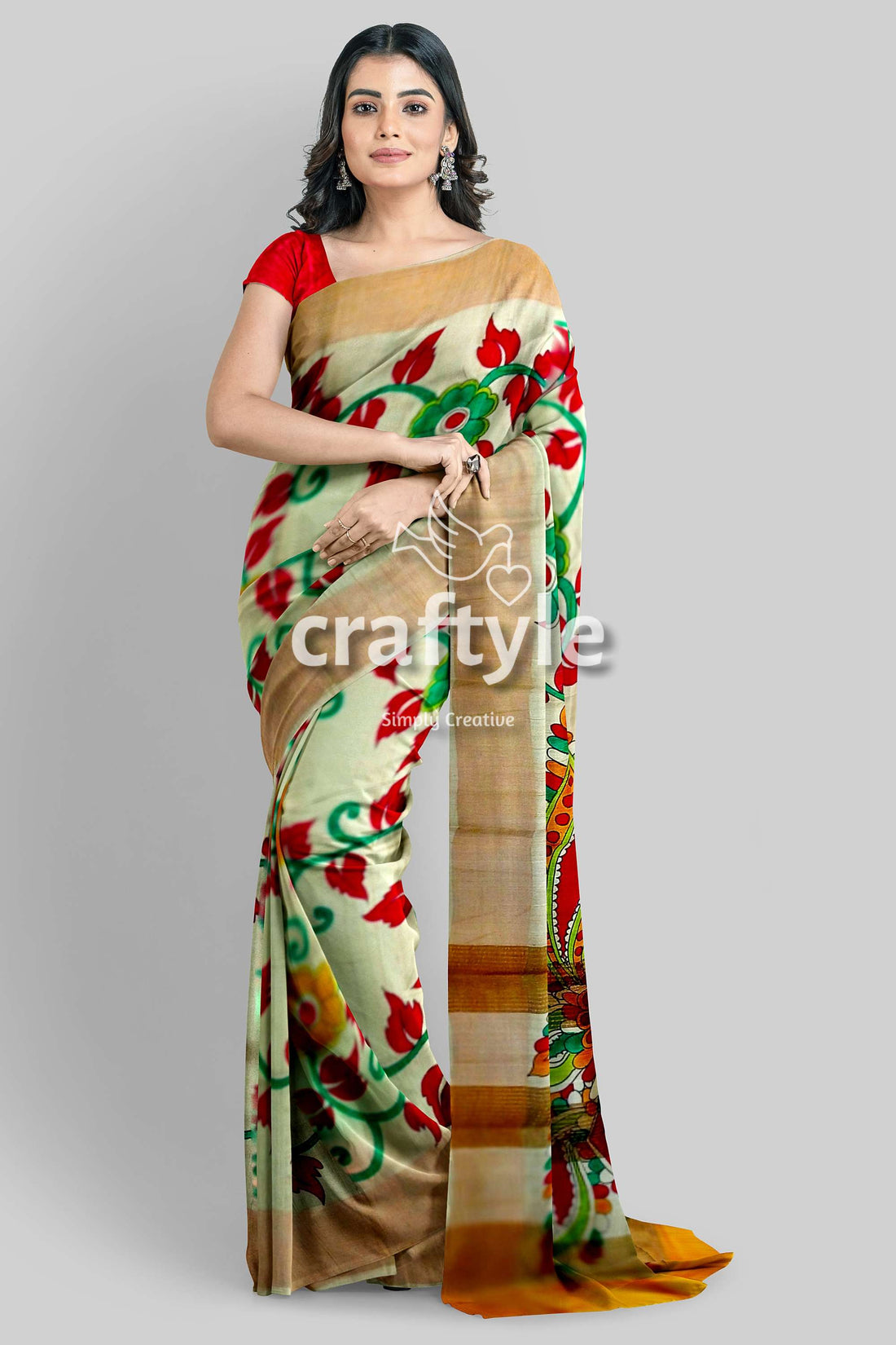 Peacock Motif Kalamkari Saree - Hand Painted Pure Tussar Silk with Zari Border - Craftyle