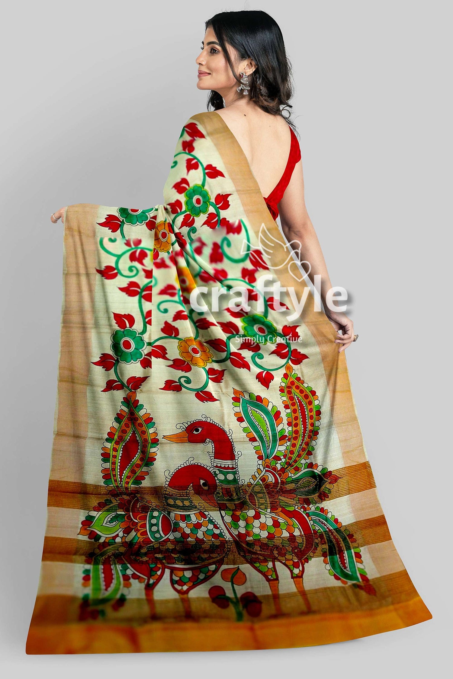 Peacock Motif Kalamkari Saree - Hand Painted Pure Tussar Silk with Zari Border - Craftyle