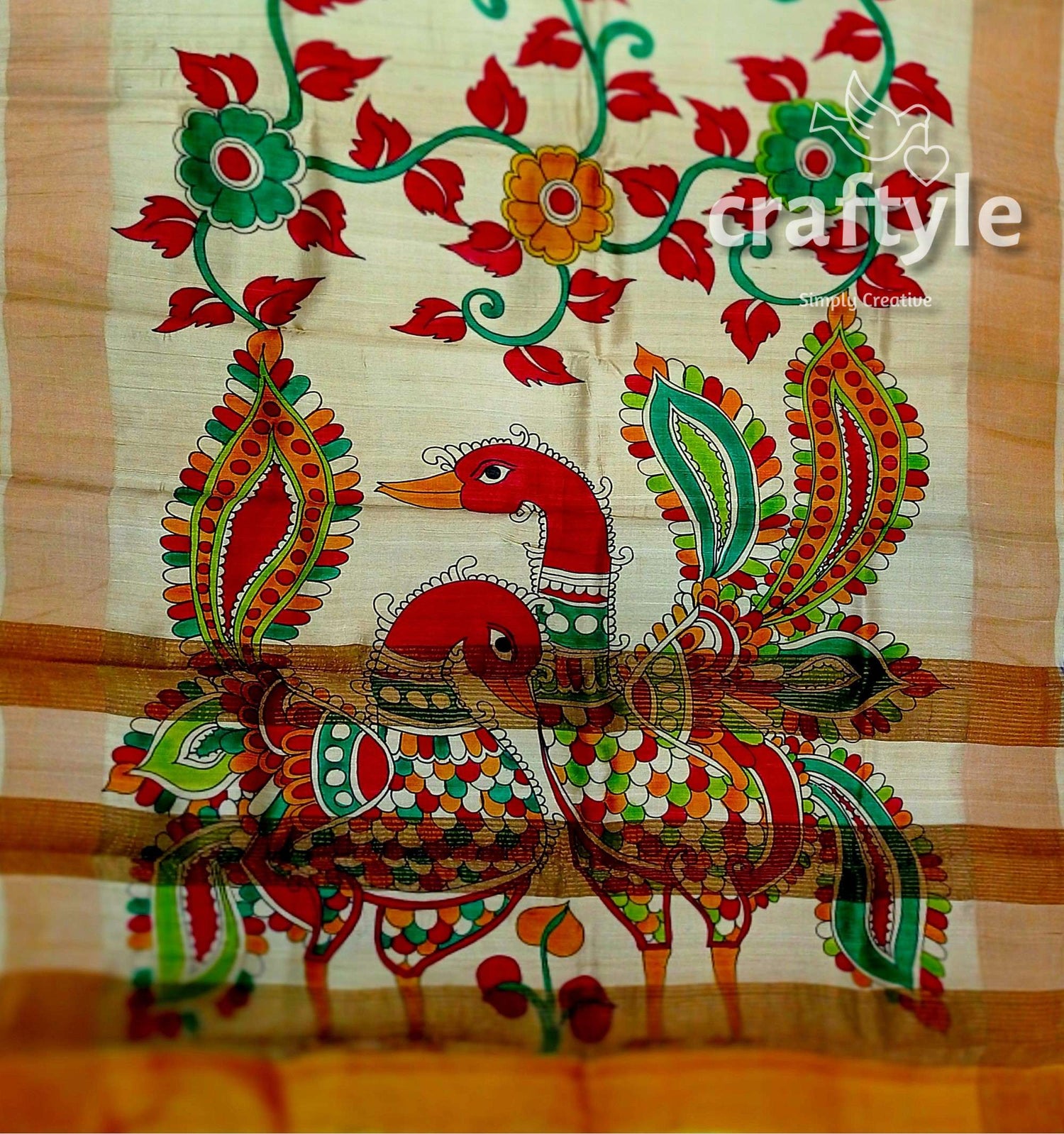 Peacock Motif Kalamkari Saree - Hand Painted Pure Tussar Silk with Zari Border - Craftyle