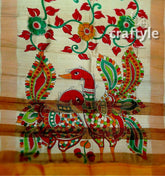 Peacock Motif Kalamkari Saree - Hand Painted Pure Tussar Silk with Zari Border - Craftyle